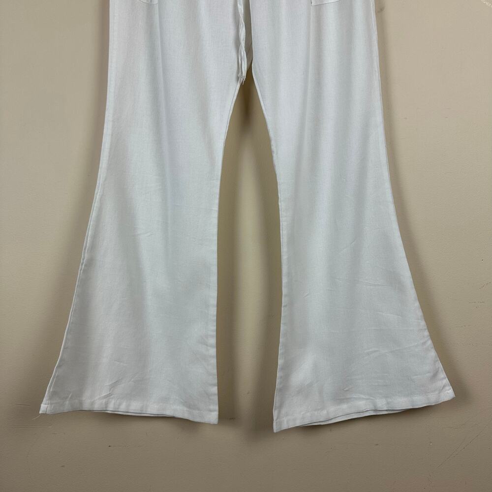Womens White Linen Blend Wide Leg Flare Pants Size L Coastal Resort Summer Swim - Picture 3 of 11
